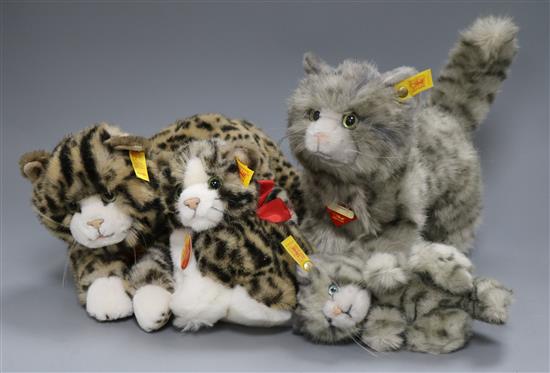 Three Steiff yellow tag toys: Katze 28, Whiskas Cat and Kitten and Snuffi Cat